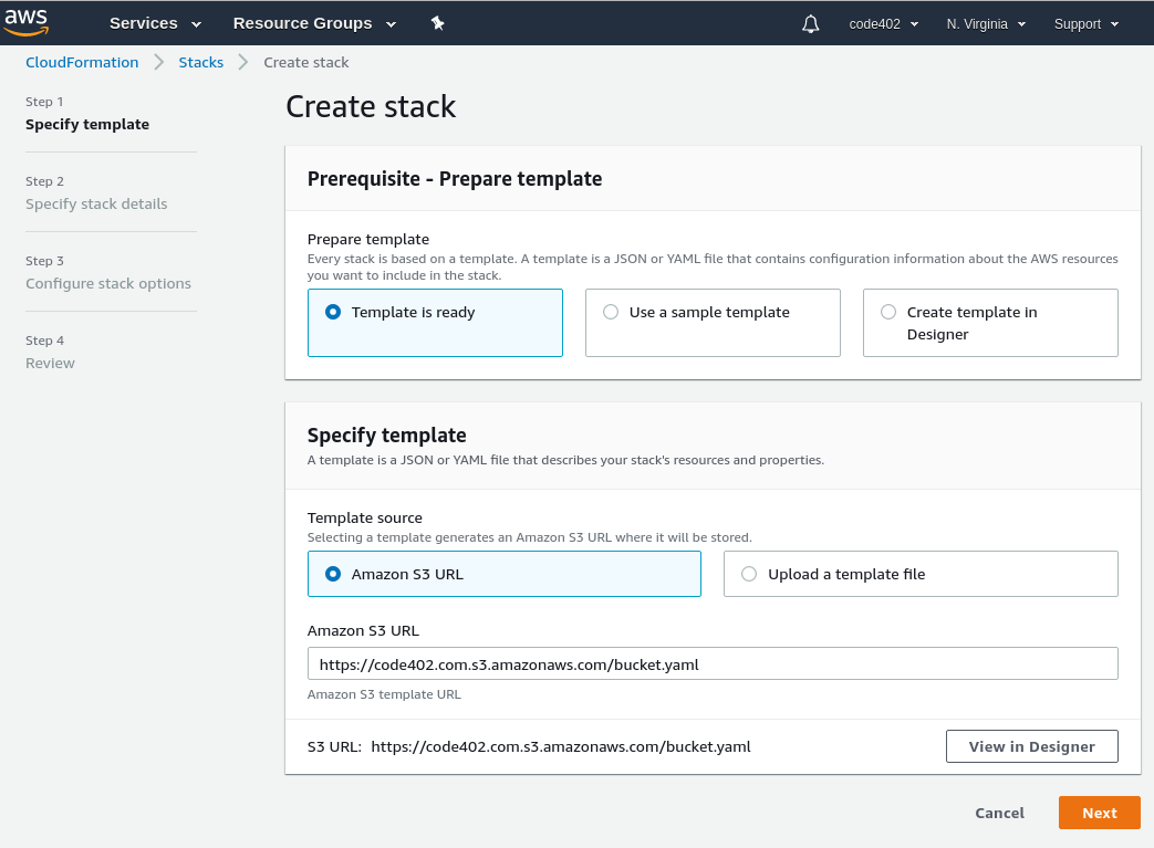 CloudFormation Quick create Creating an S3 Bucket and IAM User Code 402